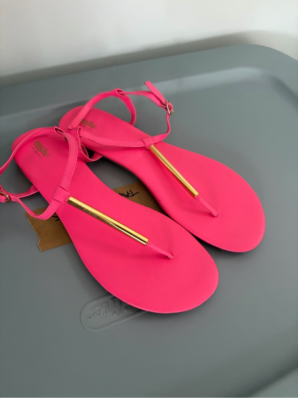 Mossimo Supply Co. Hot Pink T-Strap Sandals with Gold Accent